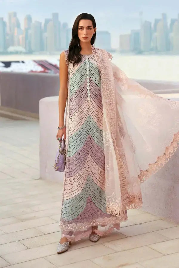 Woman in a colorful dress with a cityscape in the background