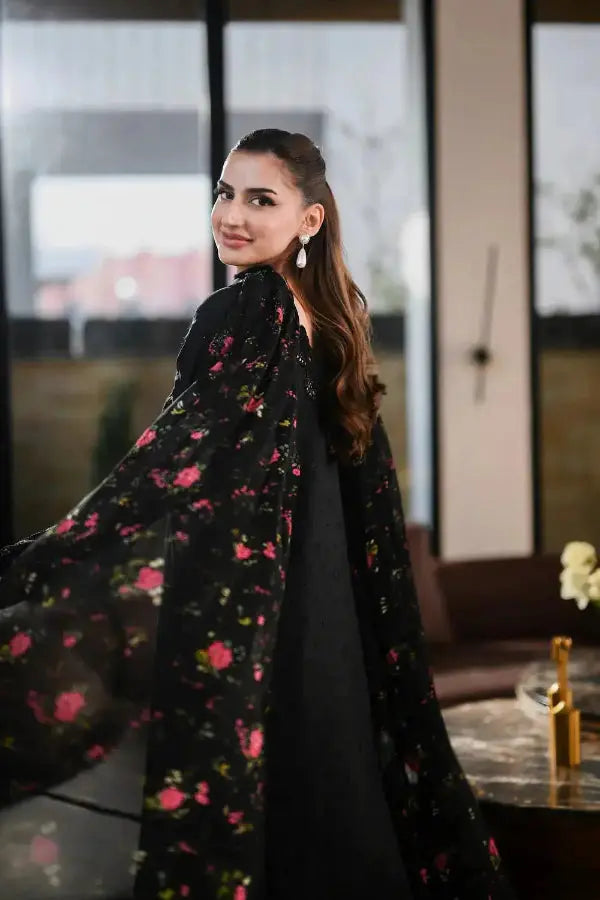 Black Embroidered Lawn Suit | Luxury Unstitched Collection - Anoufar