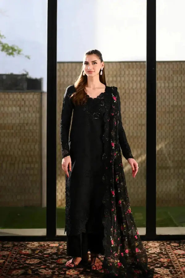 Black Embroidered Lawn Suit | Luxury Unstitched Collection - Anoufar