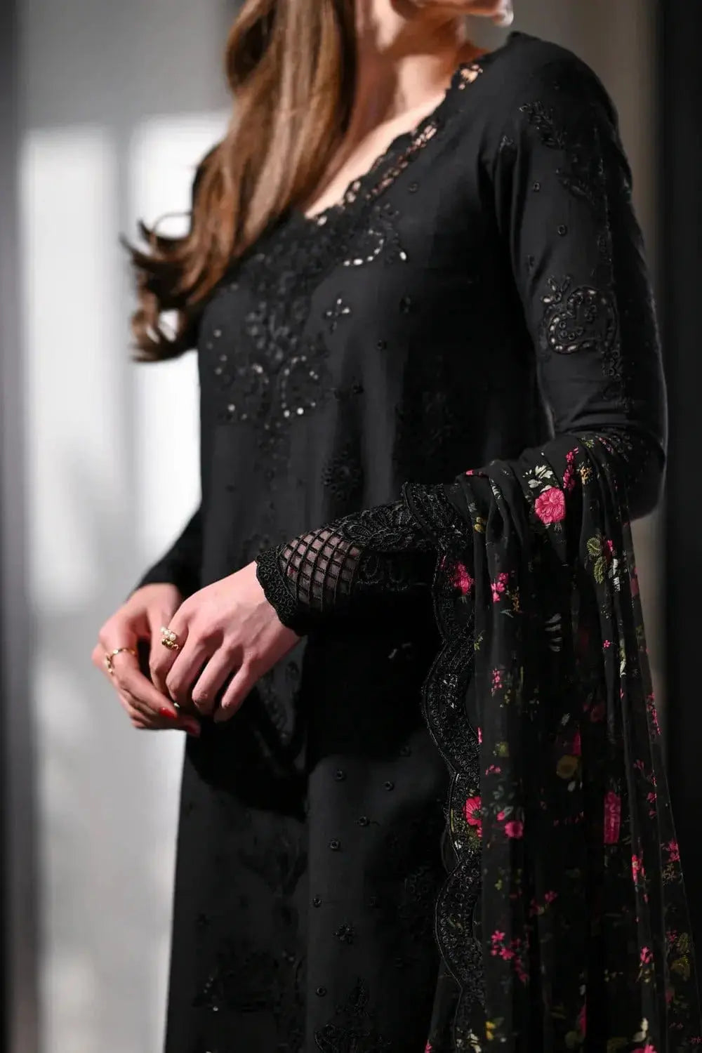 Black Embroidered Lawn Suit | Luxury Unstitched Collection - Anoufar