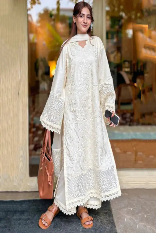 Butter White 3PC Lawn Cotton Embroidered Dress – Women Suit Anoufar