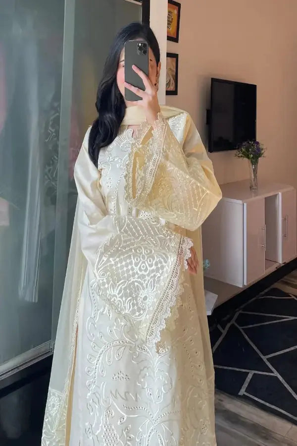 3PC Lawn Cotton Embroidered Dress | Butter White
