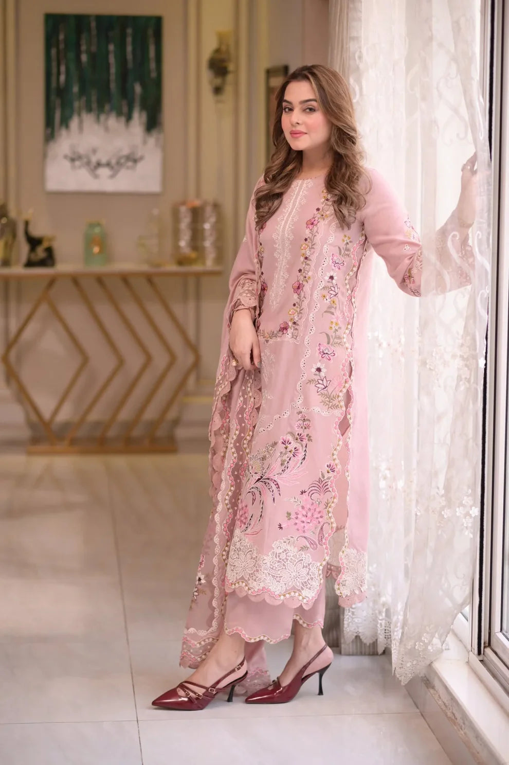 3PC Embroidered Unstitched Lawn Suit with Chiffon Dupatta 2026 | Anoufar Anoufar