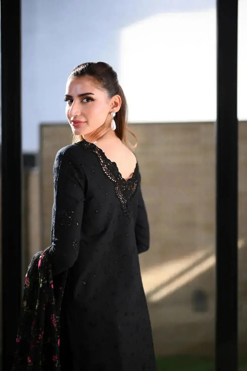 Black Embroidered Lawn Suit | Luxury Unstitched Collection - Anoufar