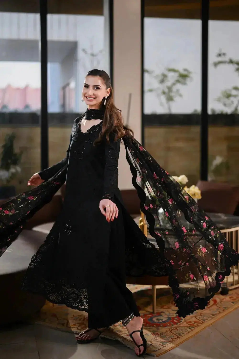 Black Embroidered Lawn Suit | Luxury Unstitched Collection - Anoufar